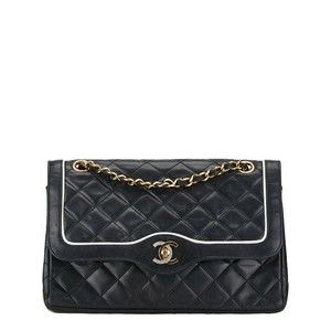 Chanel Matelasse 25 Coco Mark Double Flap Chain Shoulder Bag Lambskin Black